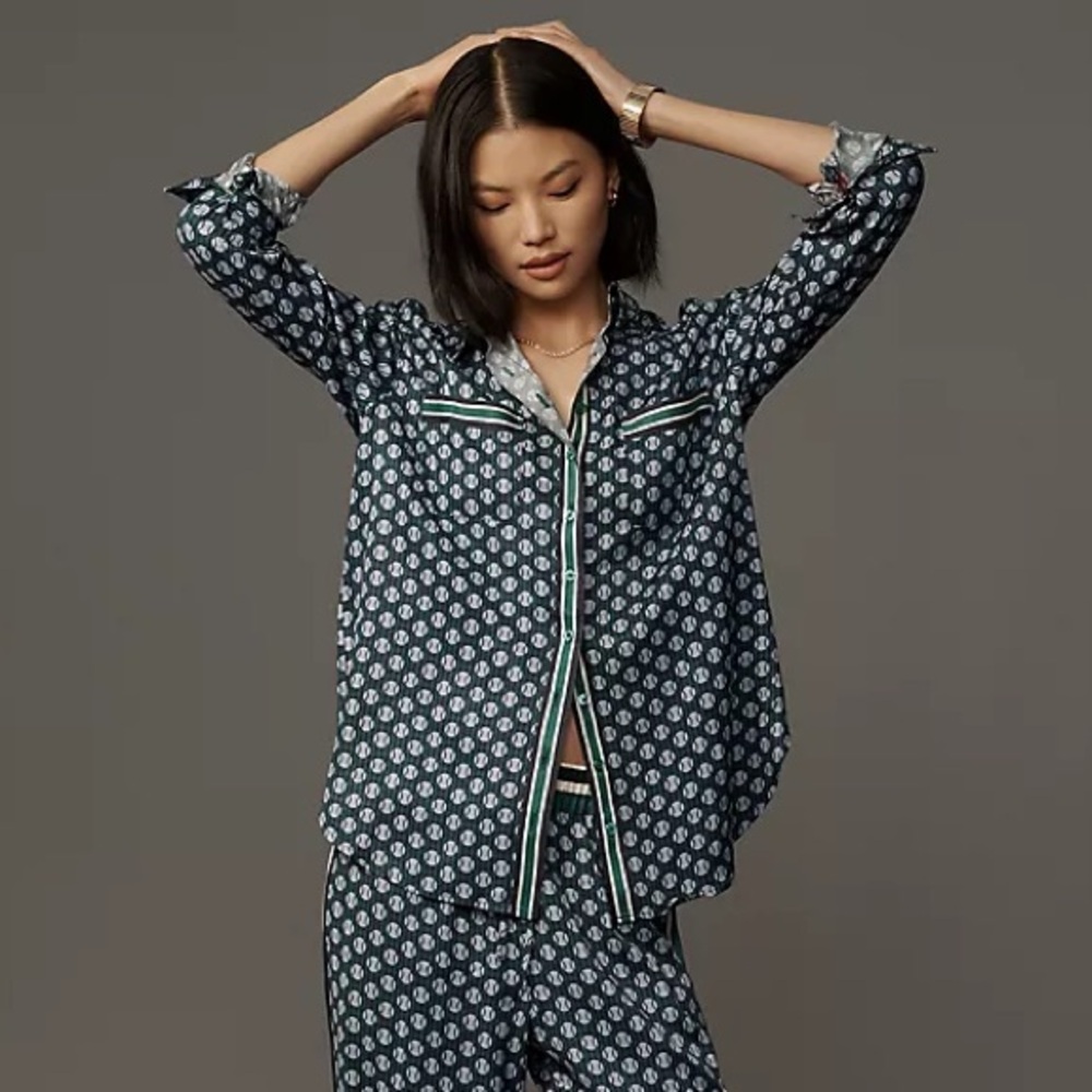 [Maeve] Silky Shirt Blouse - Blue Geo Motif